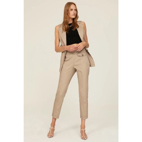 Toccin Sz 0 Xs Tan Safari Button Tab Tapered Slim High Rise Trouser Pants - Picture 1 of 8